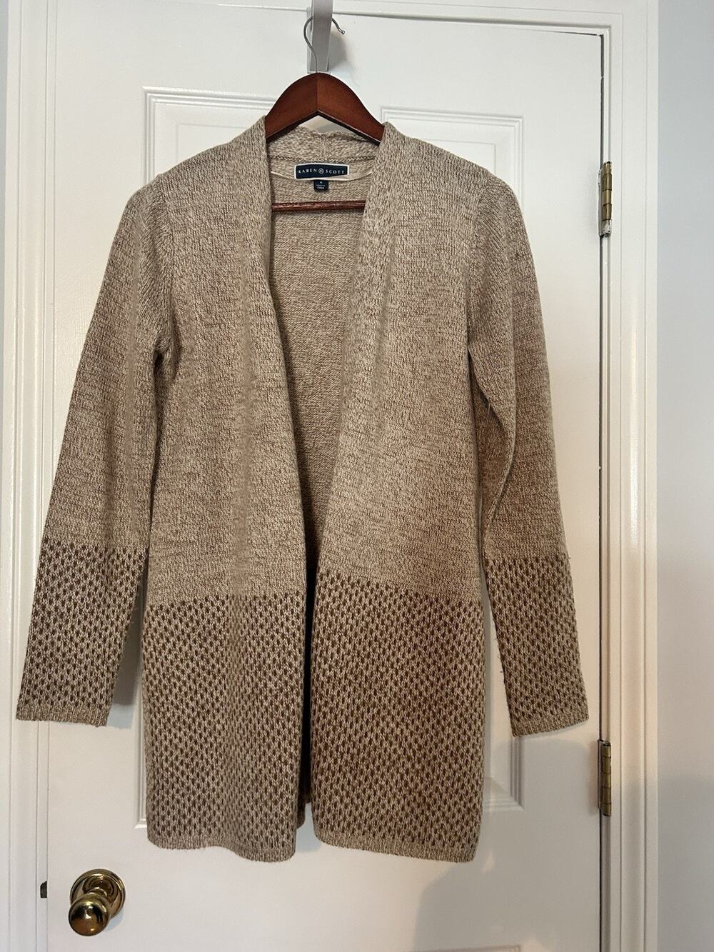Karen Scott Womens Small Oatmeal Longline Open Front Textured Knit Cardigan